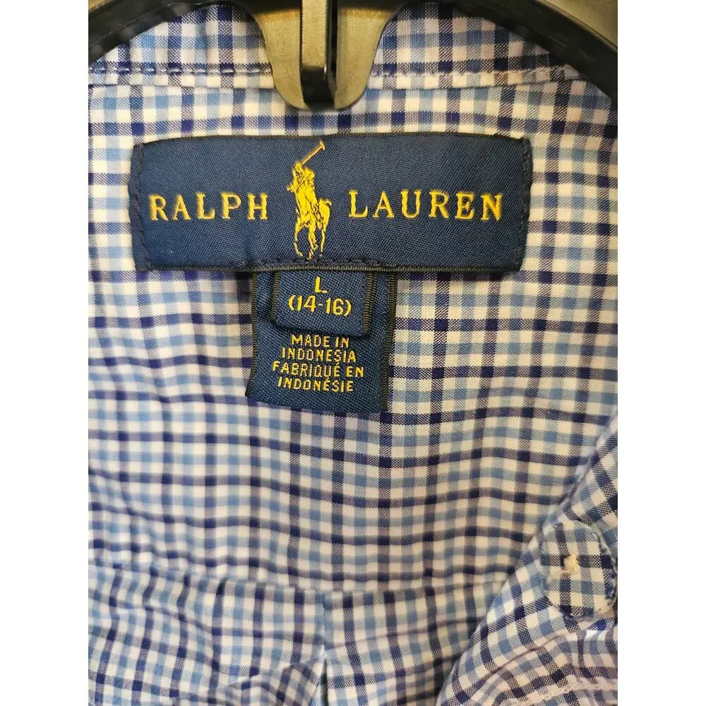 Ralph Lauren Boys Blue Gingham check button down shirt Size Large plaid preppy